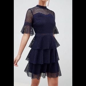 ASOS Navy Blue Liquorish Lace Tiered Cocktail Party Dress